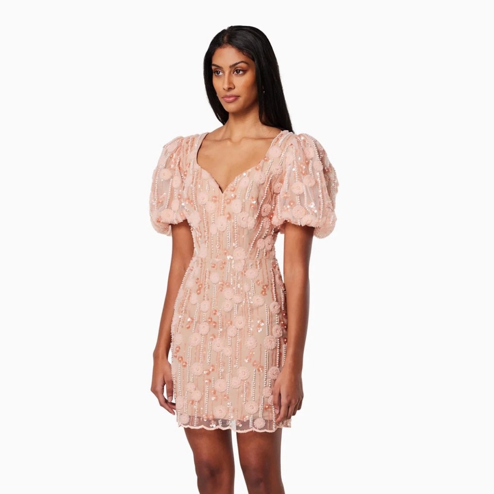 Elliatt Blush Beaded Puff-Sleeve Mini Dress